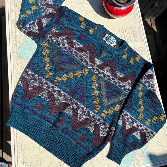 Vintage Other - Vintage 90s Hi Yu Leather Trimmed Dad Sweater